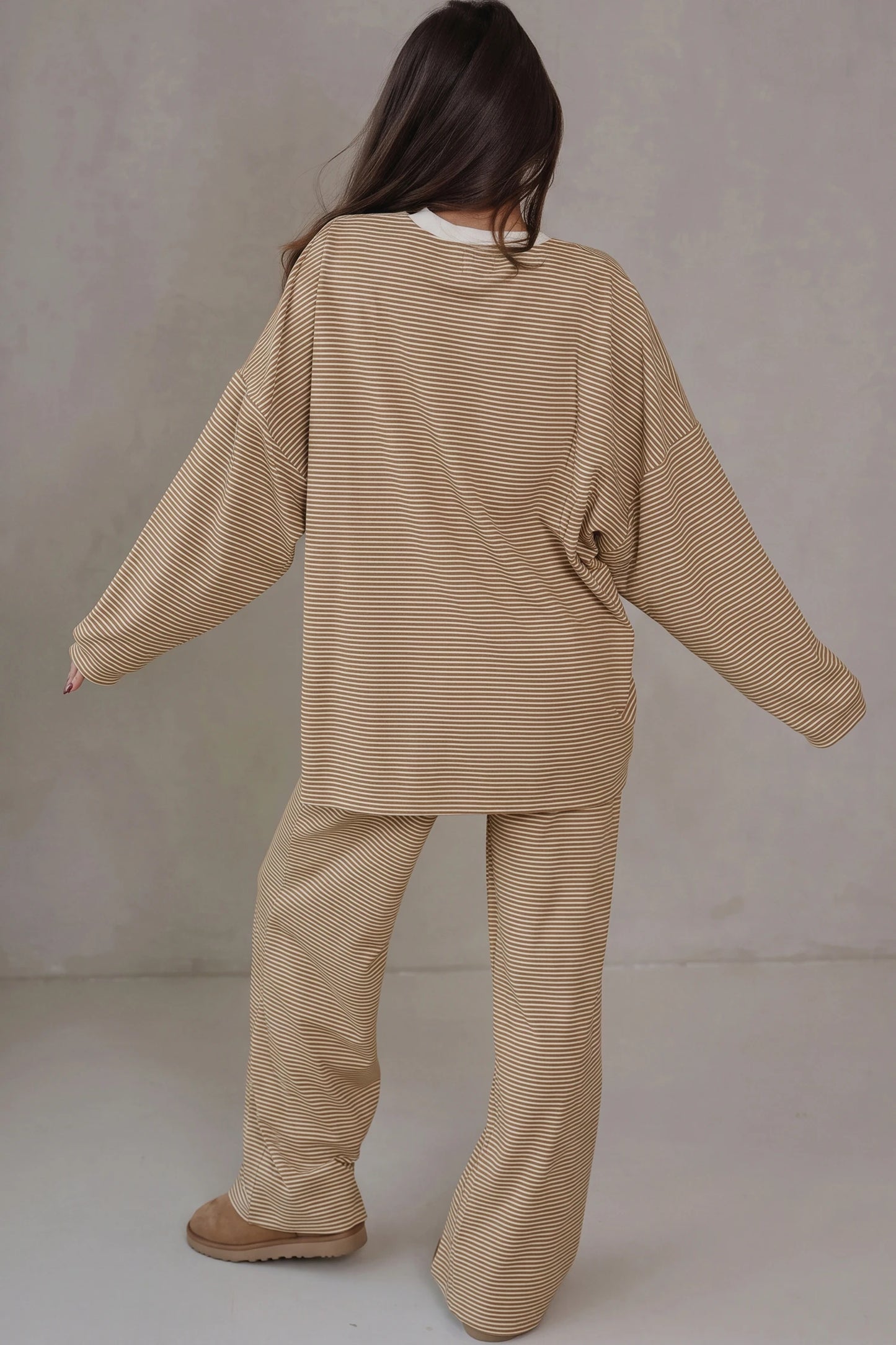 Pink Striped Drop Shoulder Long Sleeve Pant Set