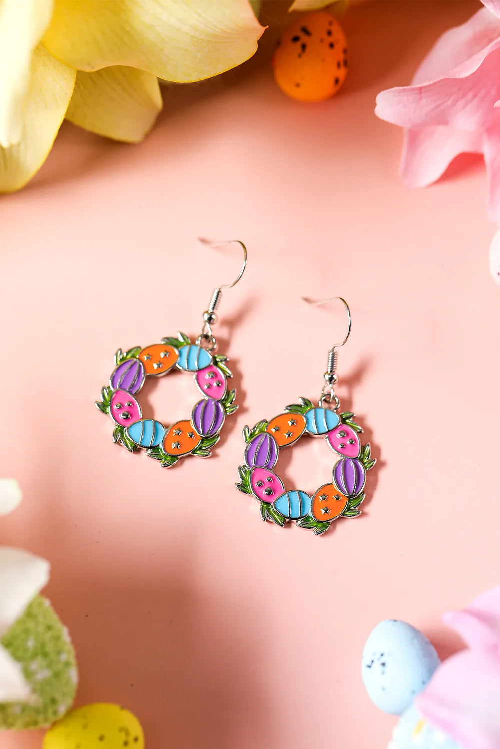 Silvery Easter Eggs Floral Hoop Dangle Earrings