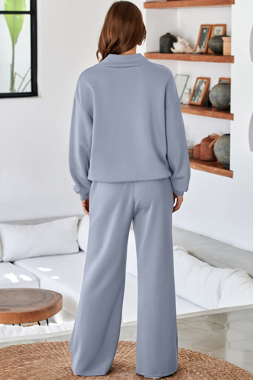 Navy Blue Solid Color Cowl Neck Drawstring Pullover Wide Leg Athleisure Pants Set