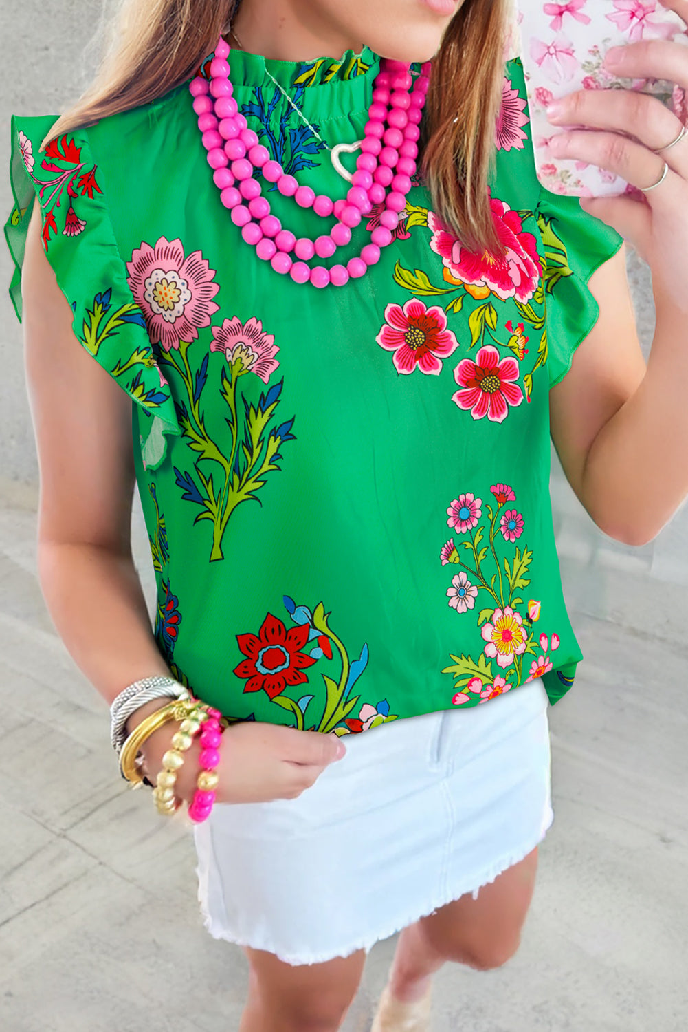 Green Floral Print Flutter Sleeve Frilly Neck Blouse