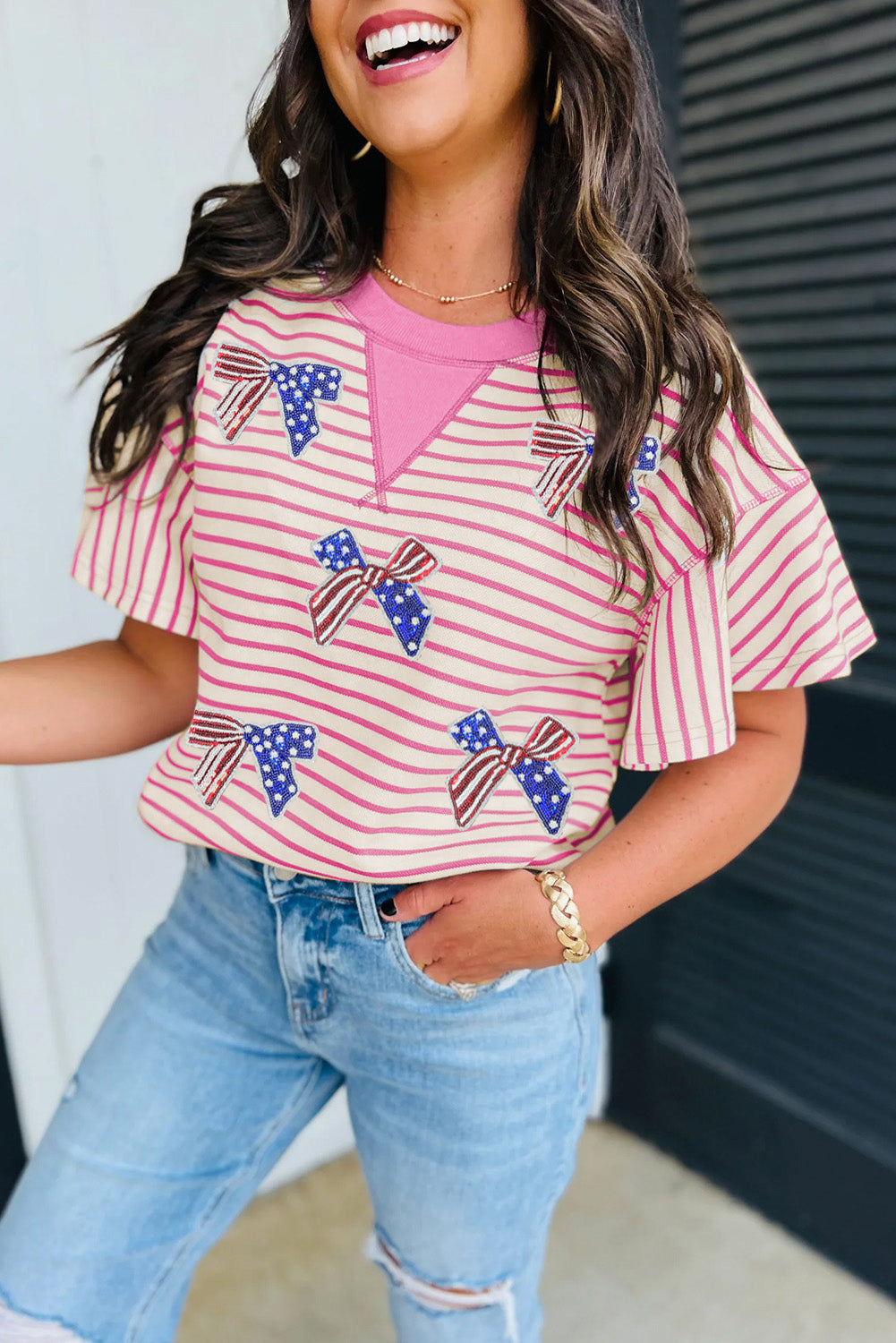Sachet Pink Sequined American Flag Bow Patched Striped Ruffled Sleeve Blouse