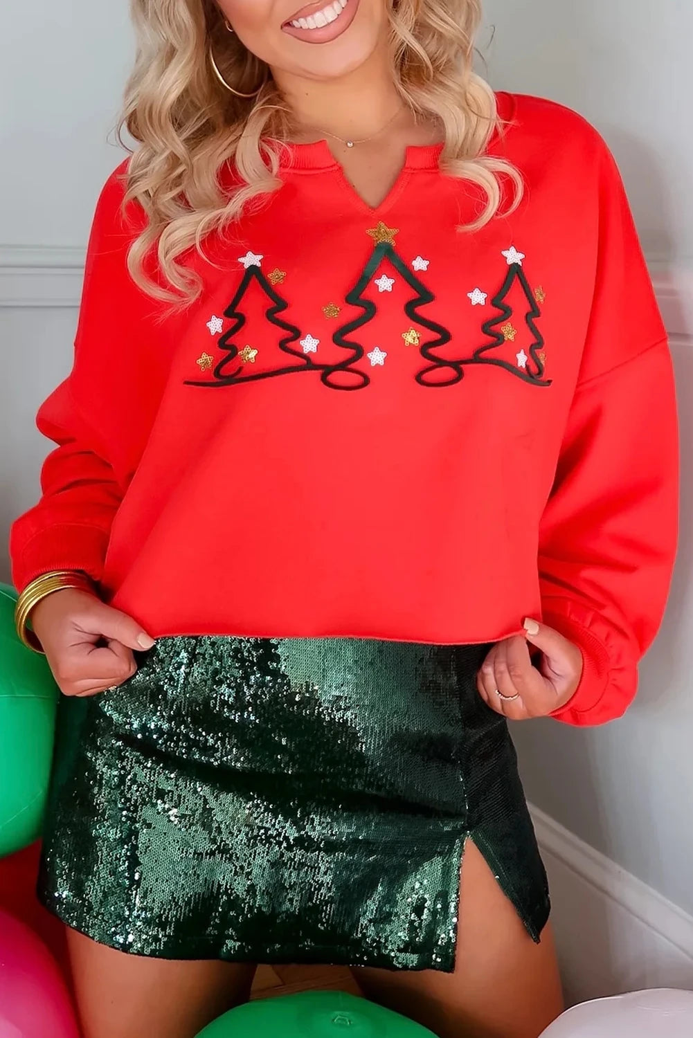 Tomato Red Christmas Tree Embroidered Notched Neck Cropped Sweatshirt