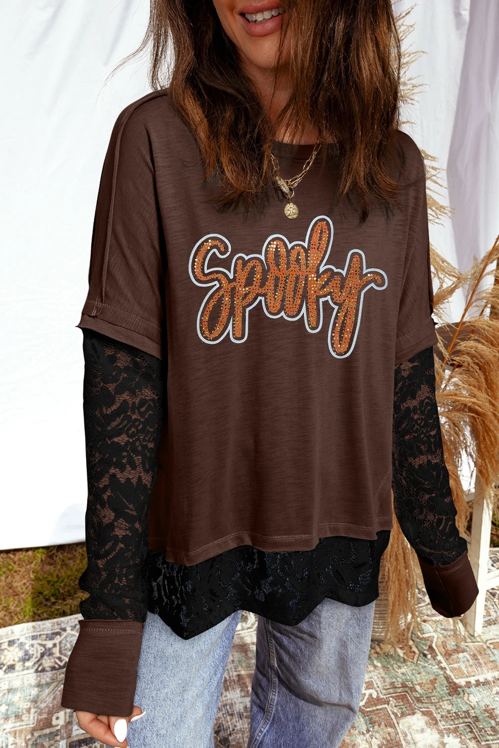 Dark Brown Rhinestone Spooky Graphic Lace Patchwork Long Sleeve T Shirt
