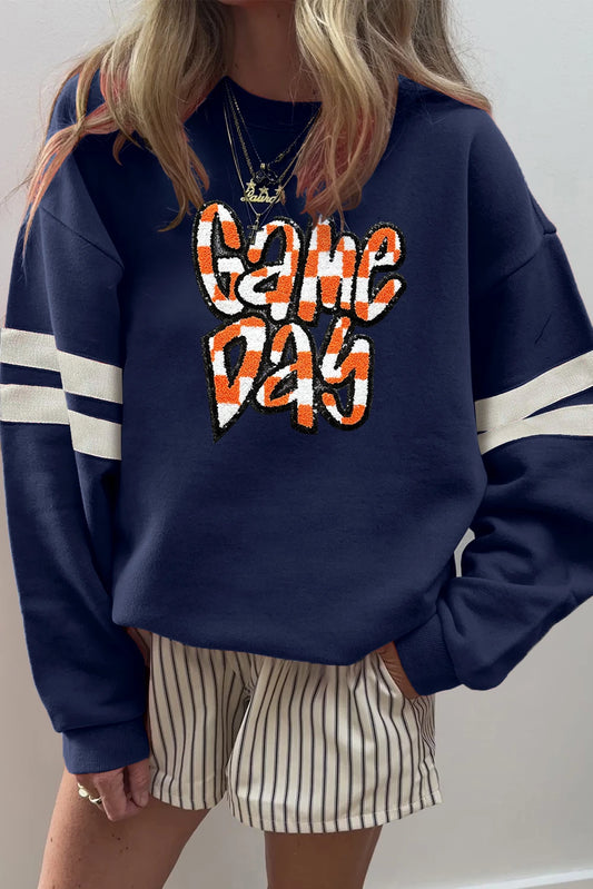Navy Blue Game Day Chenille Checkered Letter Graphic Oversized Varsity Sweatshirt