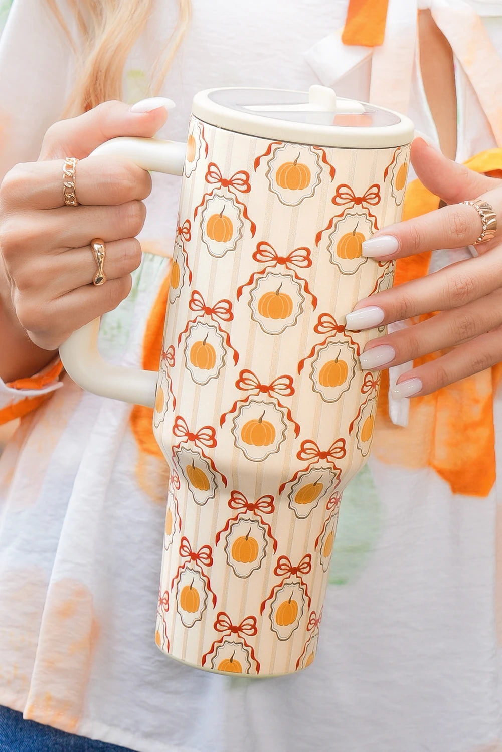 Jurassic Gold Striped Lattice Bow Pumpkin Print Tumbler