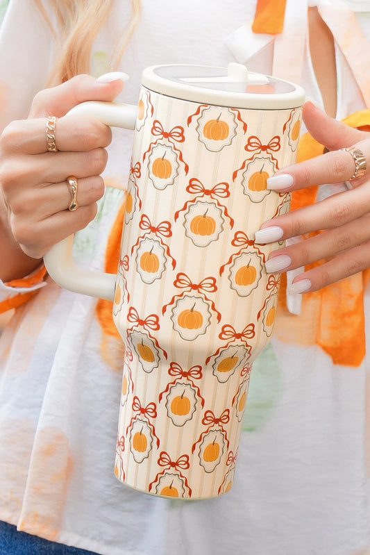 Jurassic Gold Striped Lattice Bow Pumpkin Print Tumbler
