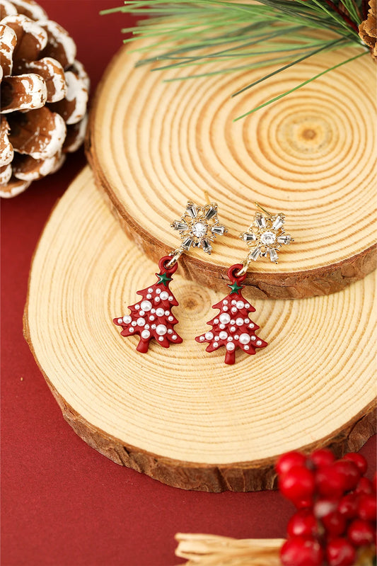 Fiery Red Pearl Embellished Christmas Tree Gem Snowflake Earrings