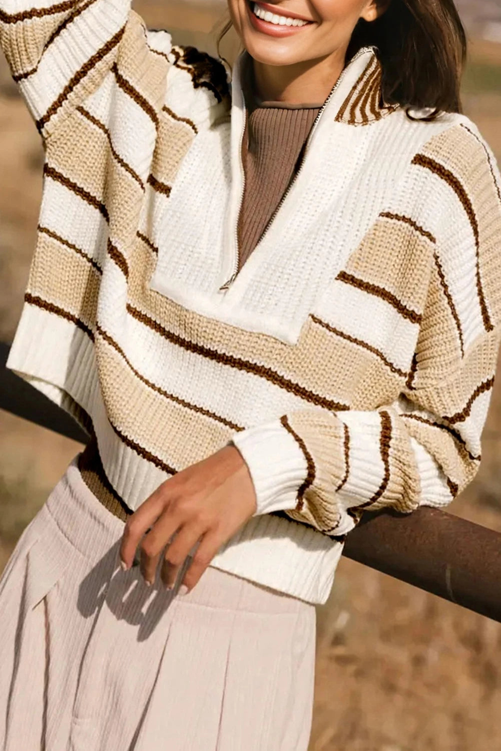 Khaki Stripe Half Zip Drop Shoulder Womens Sweater