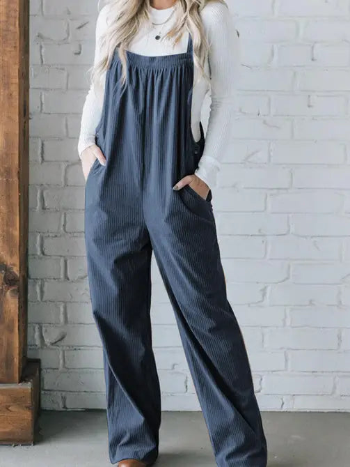 Solid Pocketed Corduroy Overalls for Everyday Wear