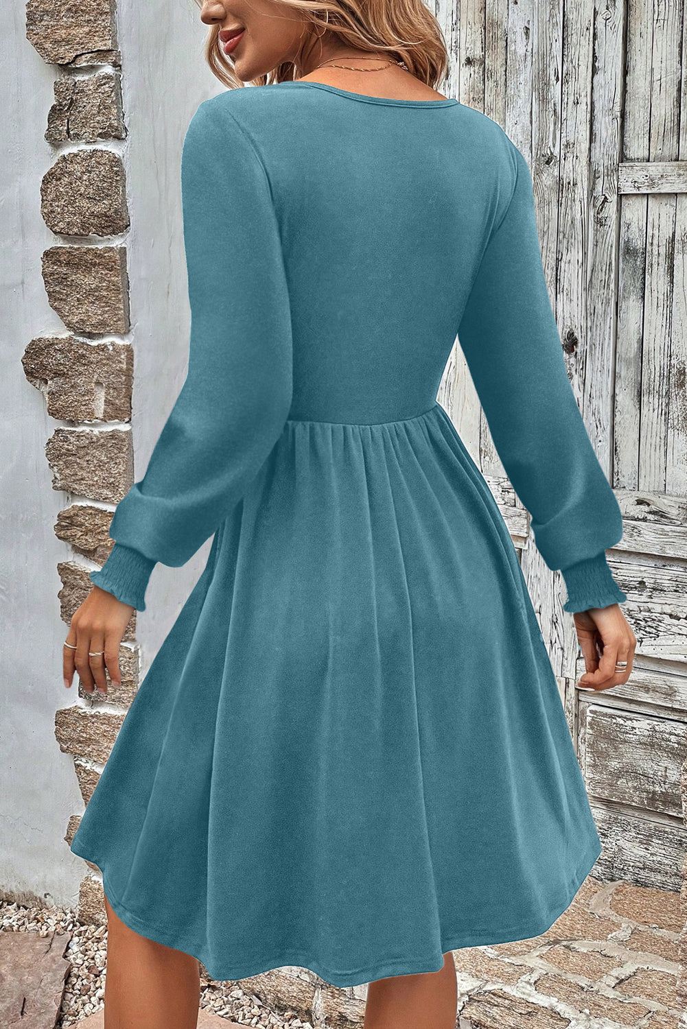 Dark Grey Shirred Cuff Long Sleeve Button Round Neck Mini Dress