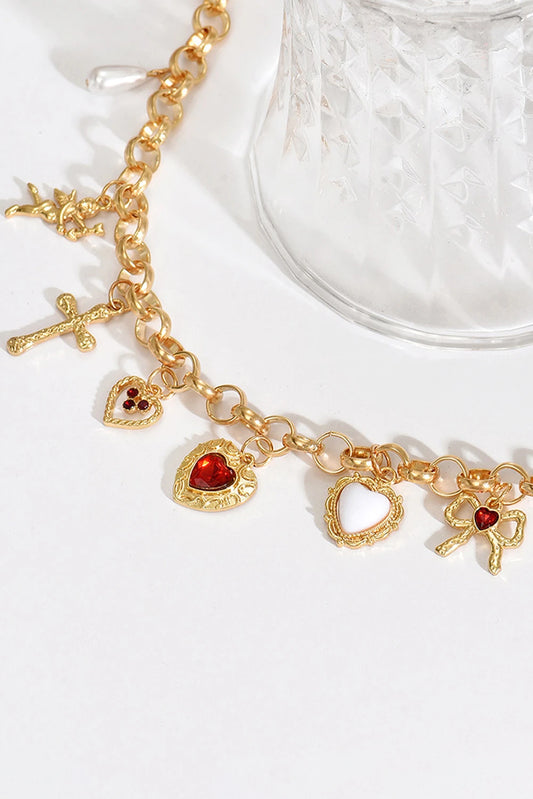 Gold Retro Plated Cross Heart Multi Pendant Necklace