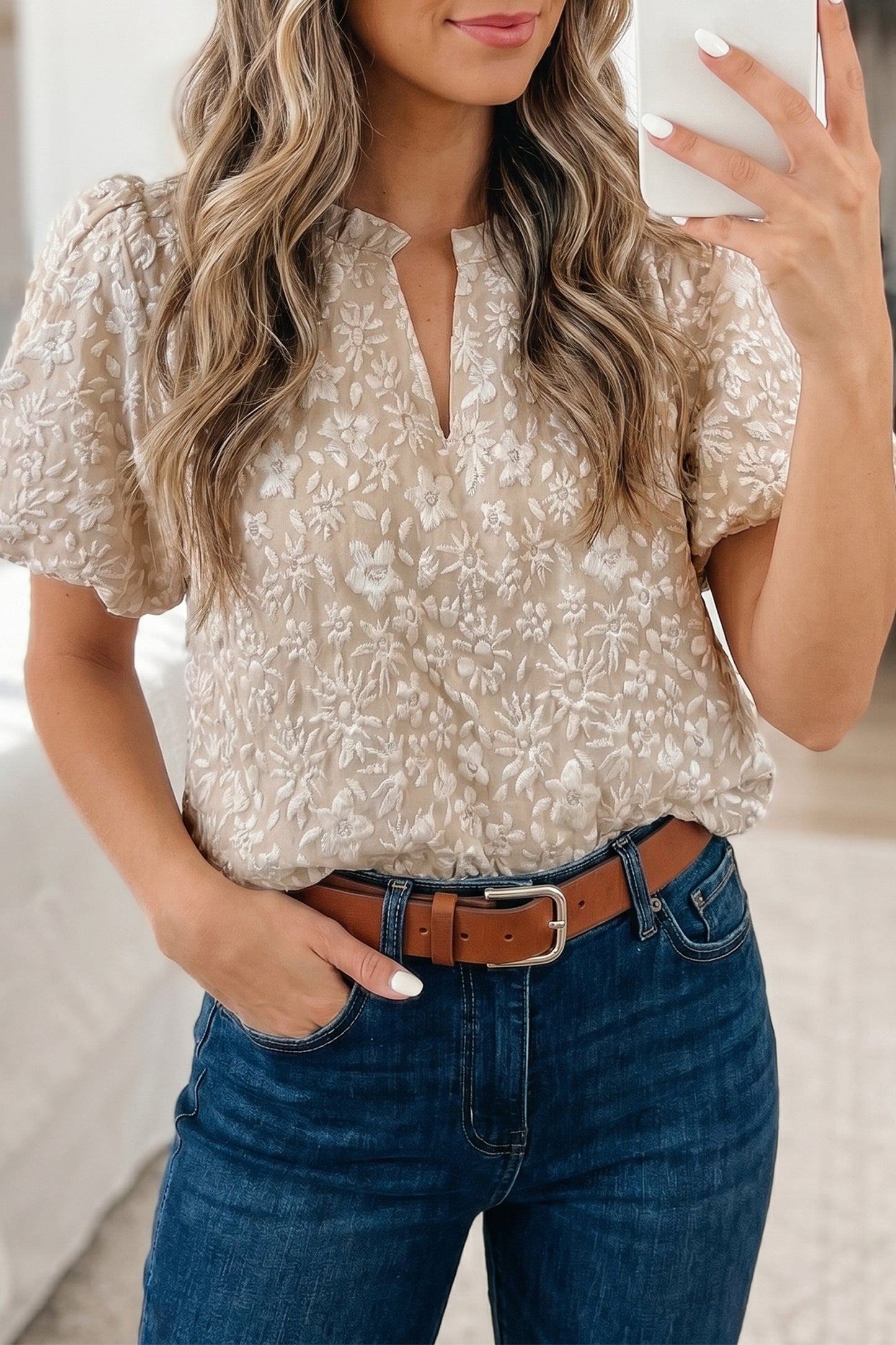 Floral Jacquard Western Blouse Puff Sleeve Top
