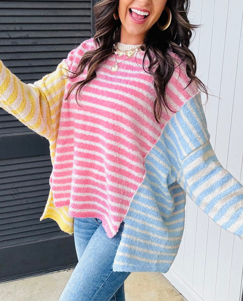 Multicolour Color Block Striped Patchwork Dolman Sleeve Slit Sweater