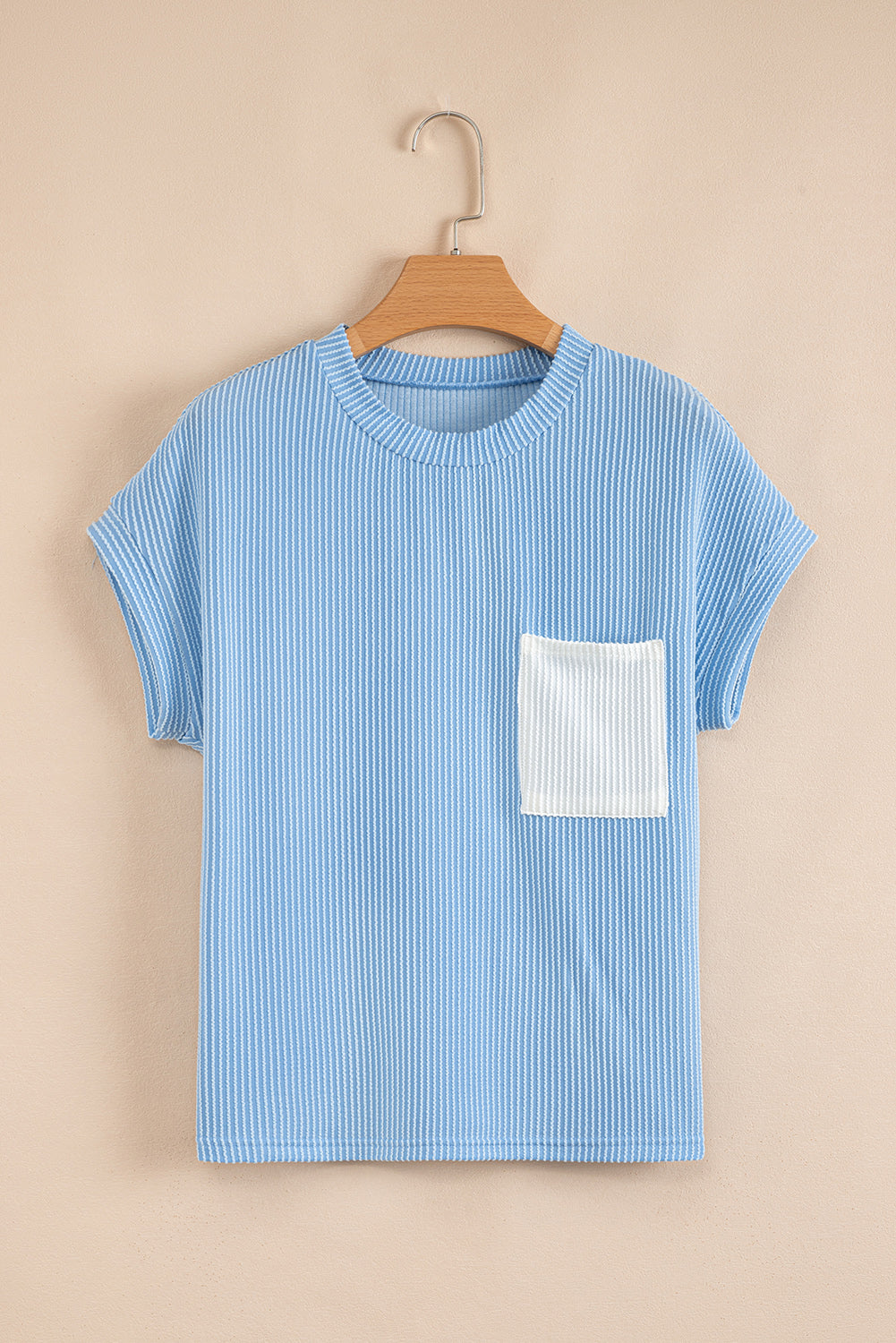 Light Blue Corded Knit Color Block Pocketed Crew Neck T Shirt