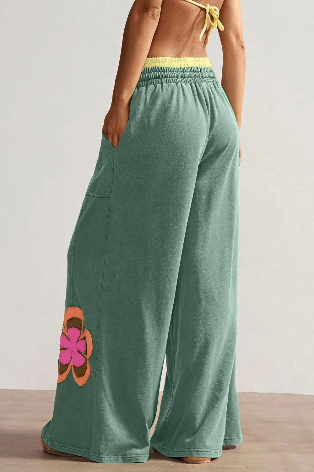 Sky Blue Color Block Flower Patchwork Drawstring Contrasted Elastic Waist Wide Leg Pants