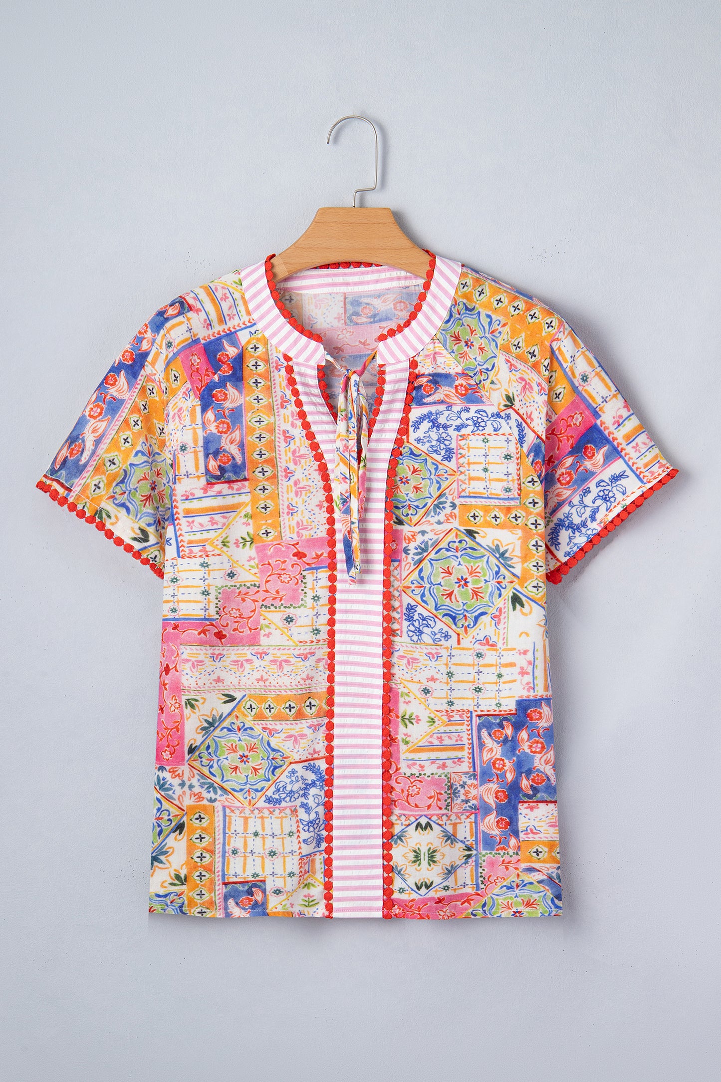 Red Mixed Print V Neck Short Sleeve Blouse