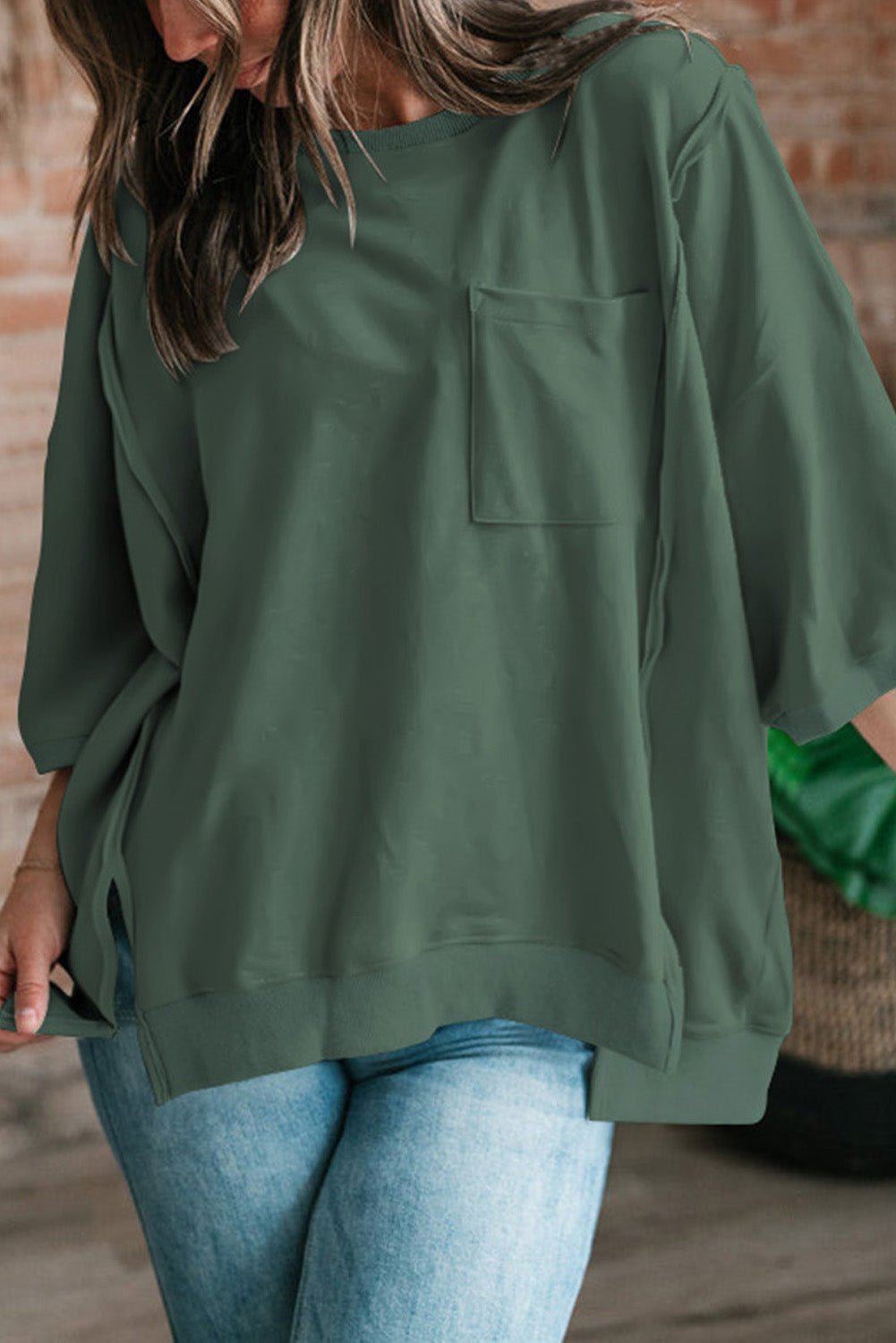Exposed Seam Chest Pocket Split Loose T Shirt