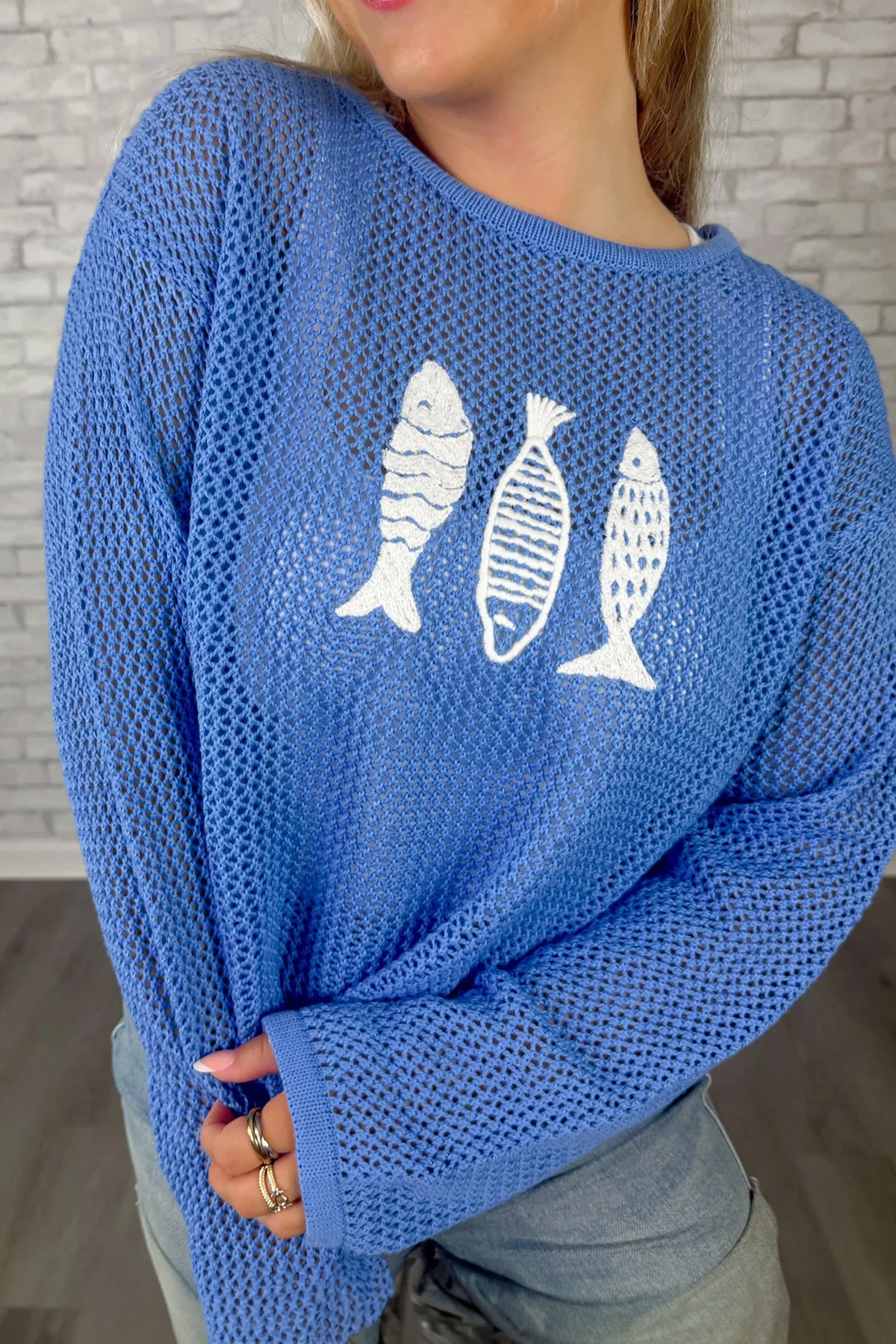 White Open Knit Fish Embroidered Casual Sweater