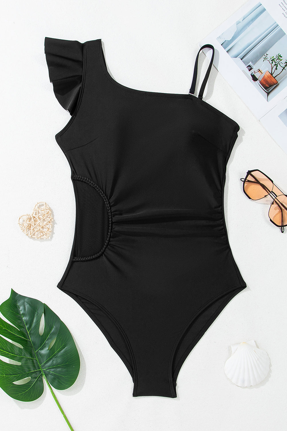 Black Asymmetric Ruffle Shoulder Pleated One Piece Swimsuit