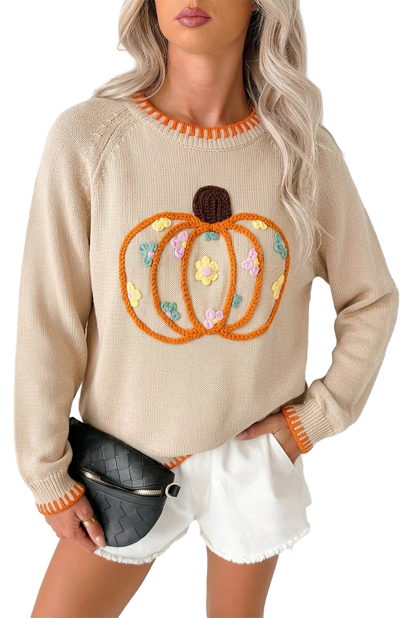 Parchment Floral Embroidery Pumpkin Long Sleeve Round Neck Sweater