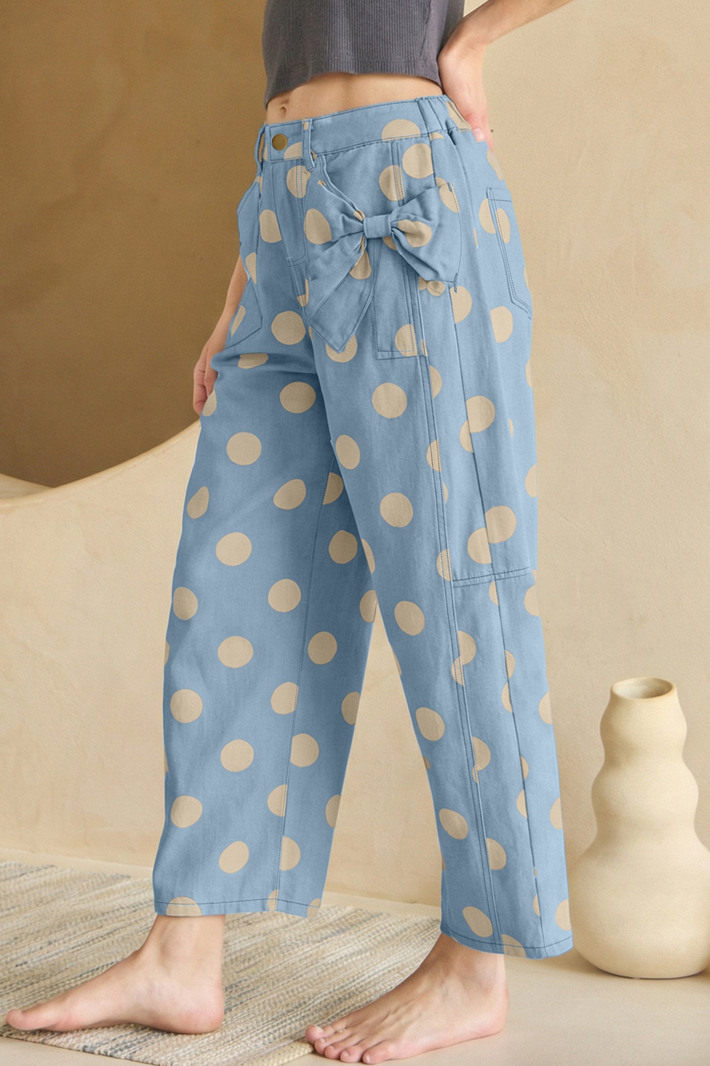 Polka Dot Cotton Jeans High Waist Bow Wide Leg