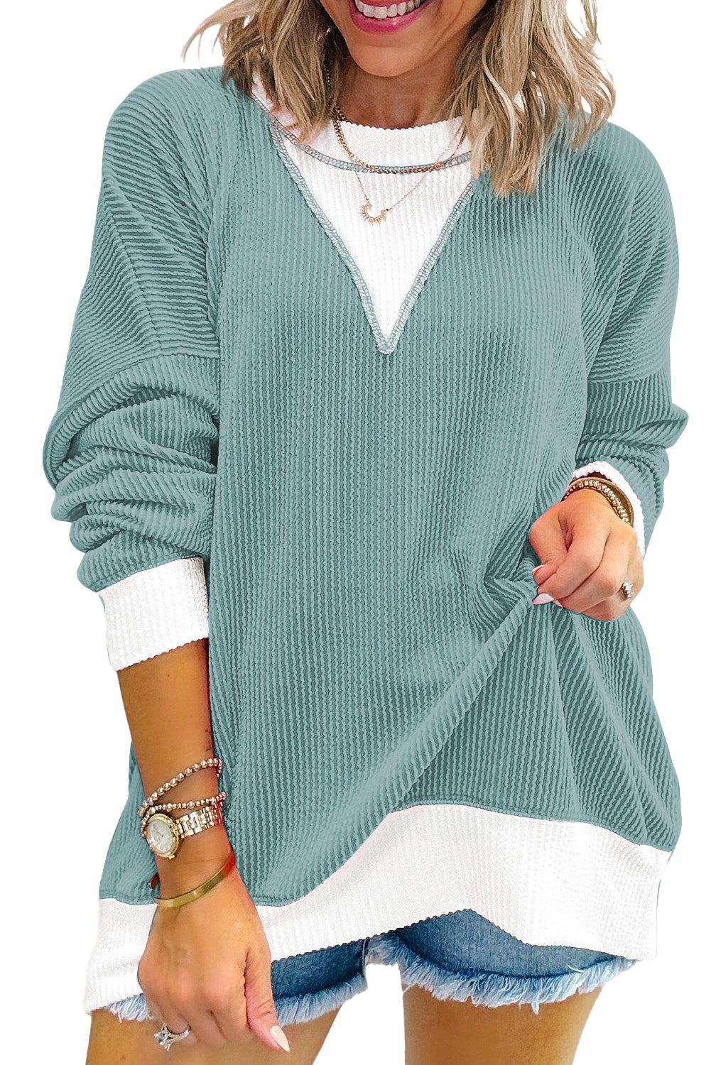 Blossom Corded Colorblock Drop Shoulder Loose Top