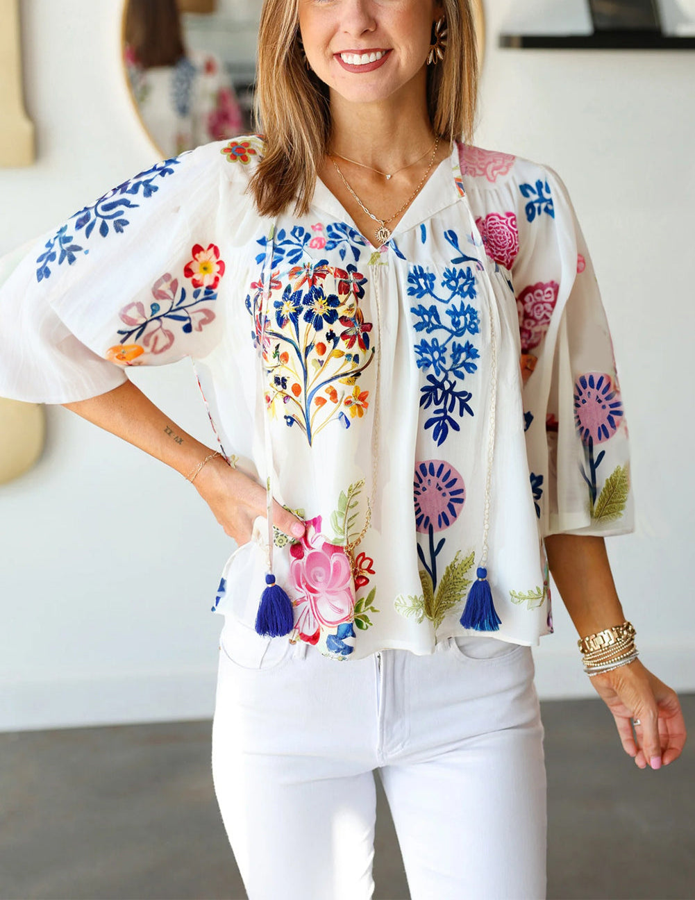 White Floral Print Tassel Tie Bracelet Sleeve Flowy Blouse