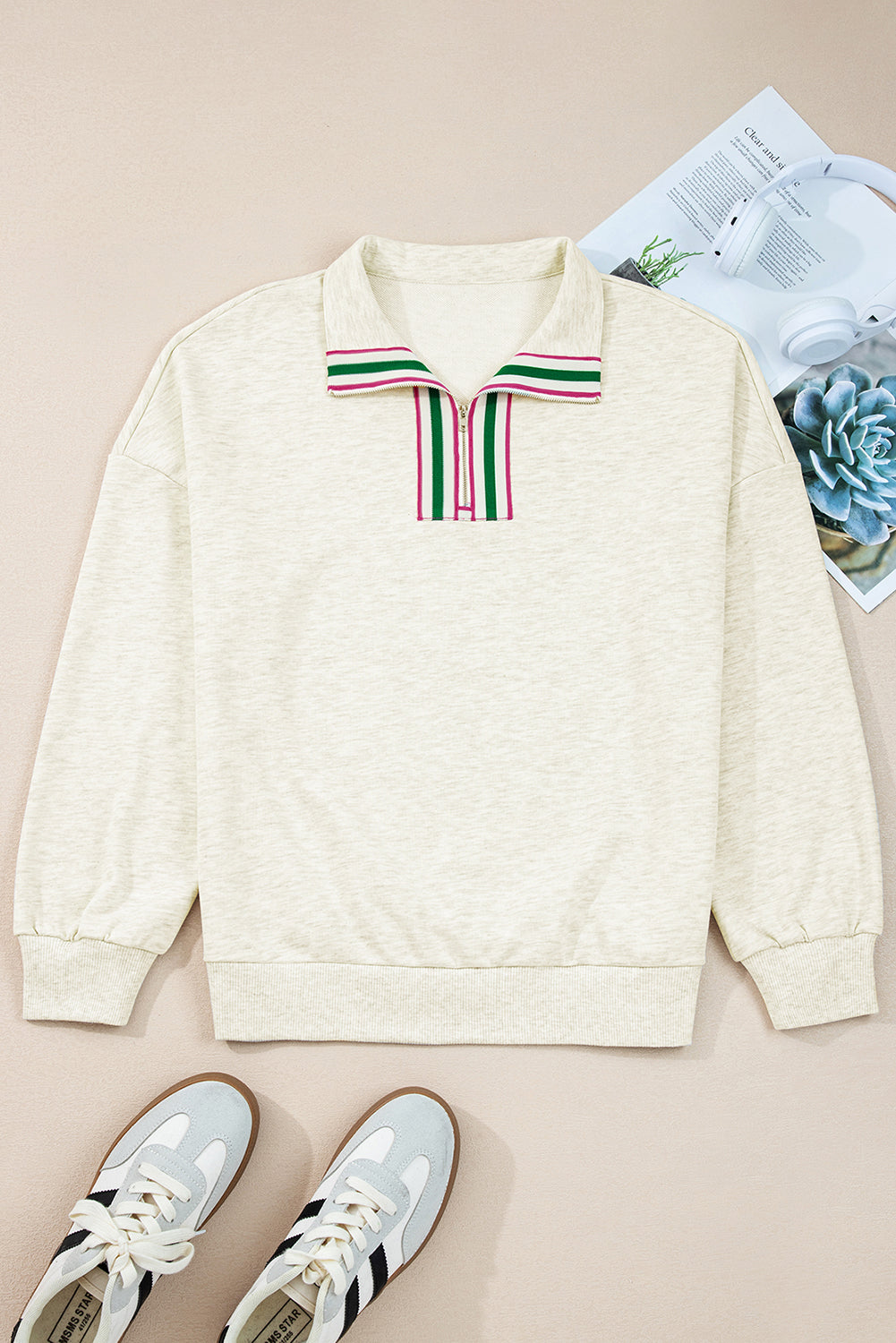 Sachet Pink Contrast Striped Patchwork Zip Collar Pullover Sweatshirt