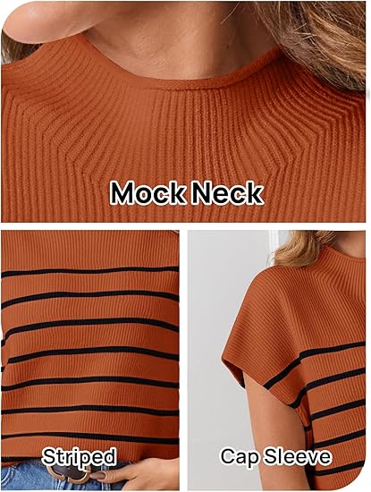 Striped Sweater Vest Cap Sleeve Ribbed Knit Pullover Tank Tops