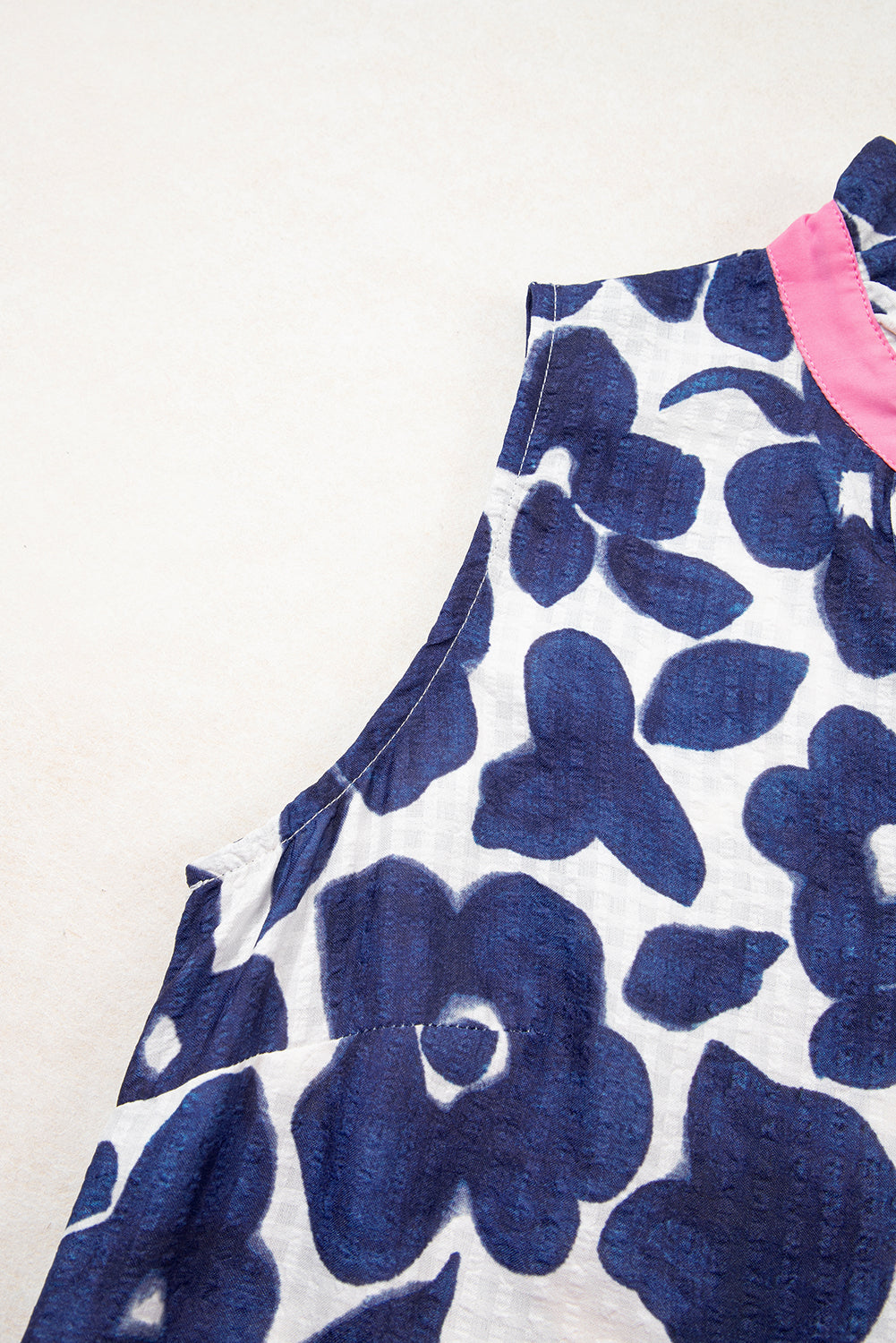 Blue Floral Sleeveless Colorblock Notched V Neck Mini Dress