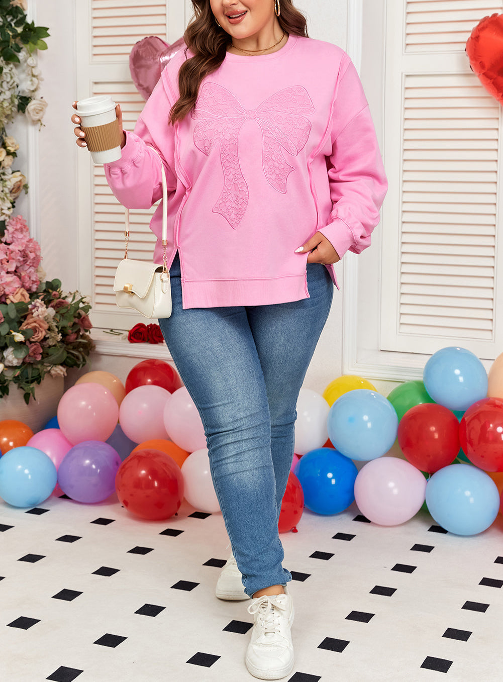 Pink Big Bow Lace Embroidered Dolman Sleeve Slit Plus Size Sweatshirt