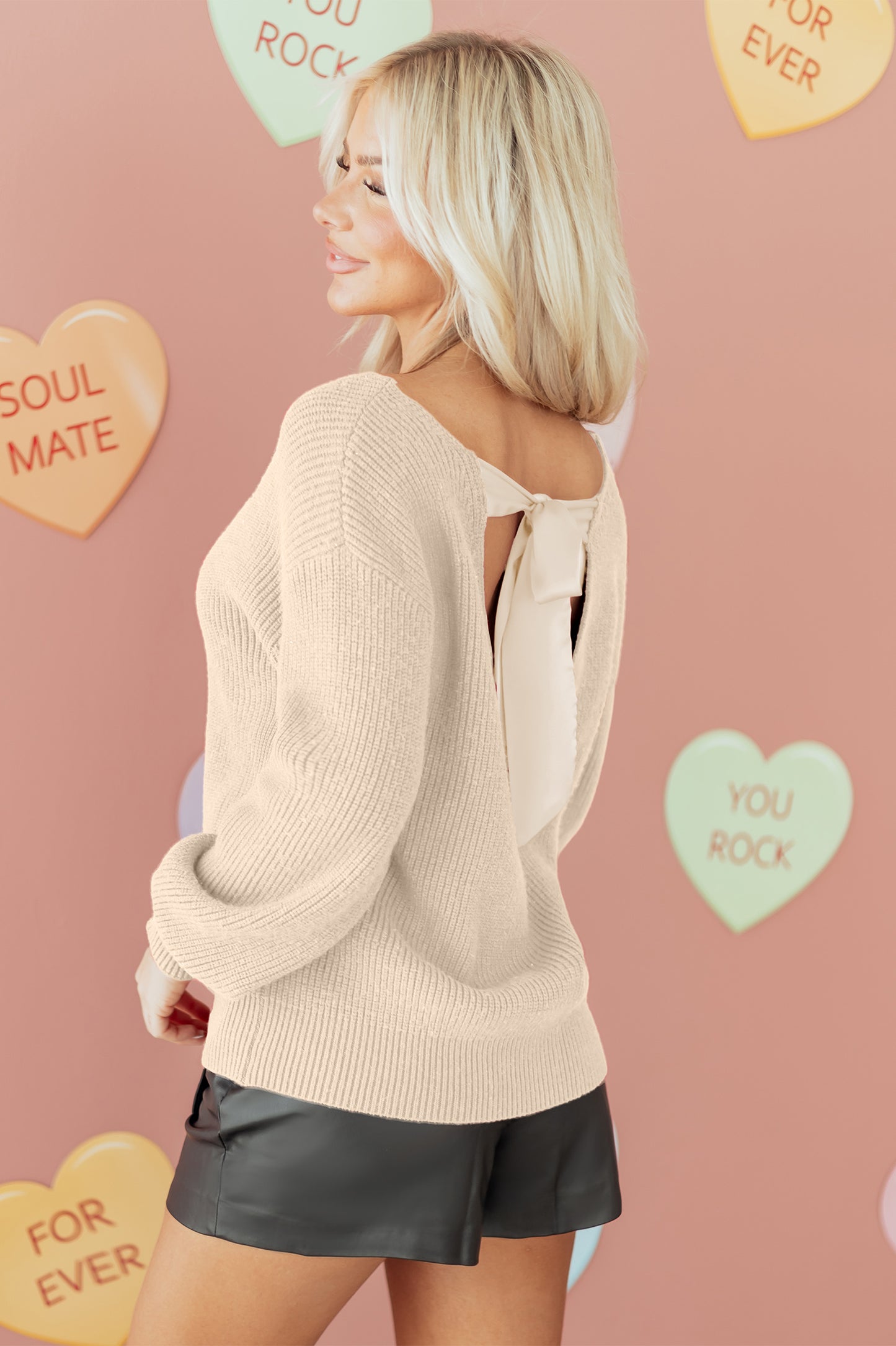 Red Dahlia Ribbed Knit Ribbon Knot Backless Drop Shoulder Sweater