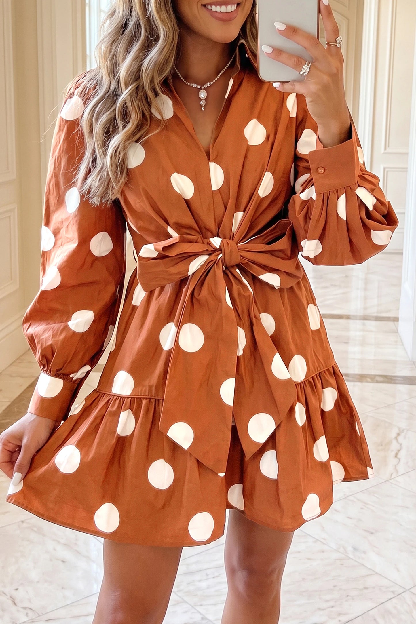 Polka Dot Long Sleeve Tie Waist Casual Shift Mini Dress