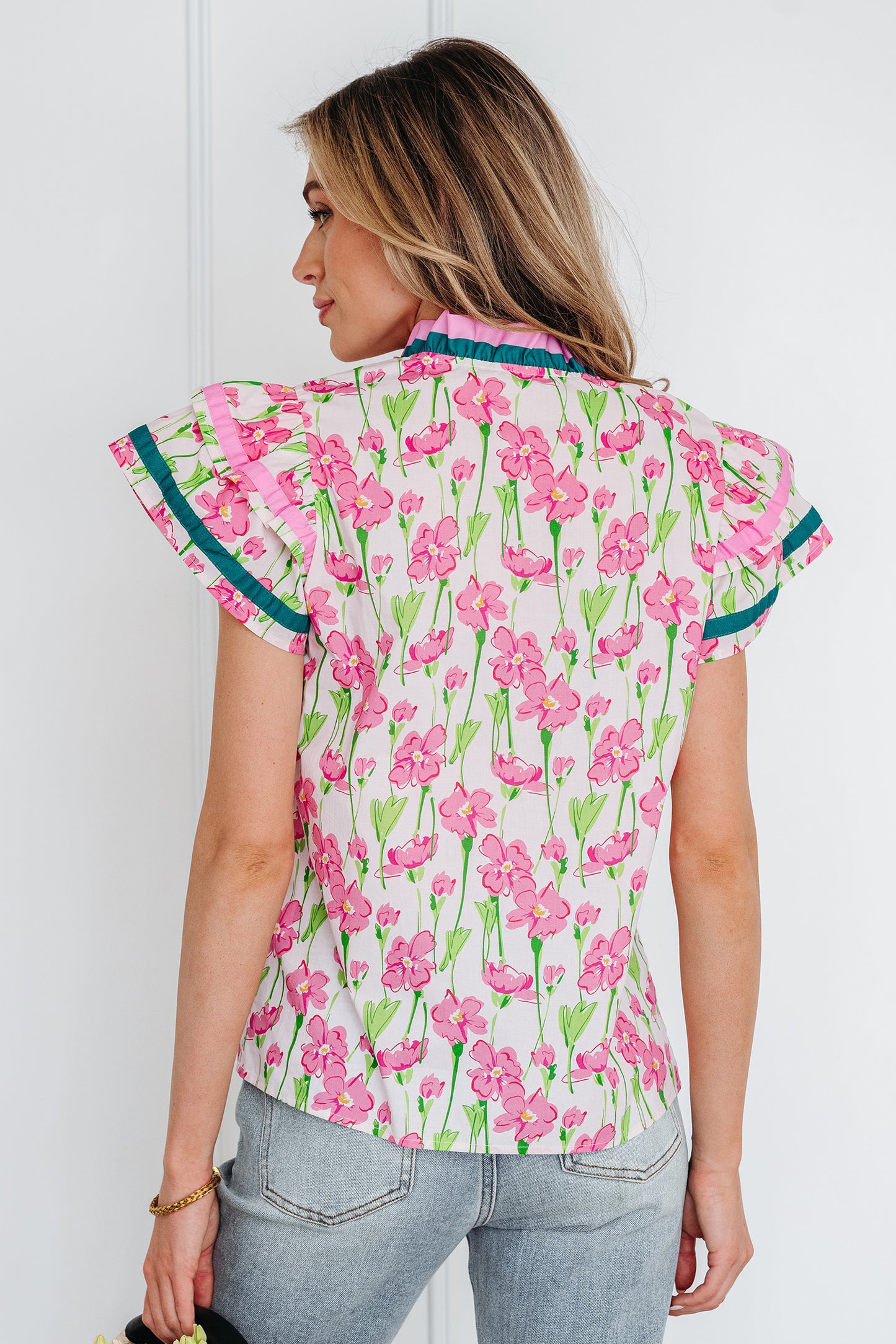Pink Floral Print Contrast Trim V Neck Double Ruffled Short Sleeve Blouse