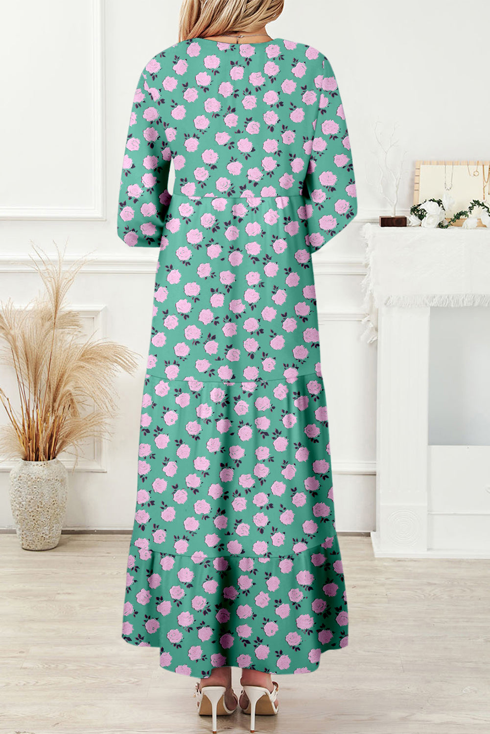 Green Boho Printed Half Sleeve Maxi Dress