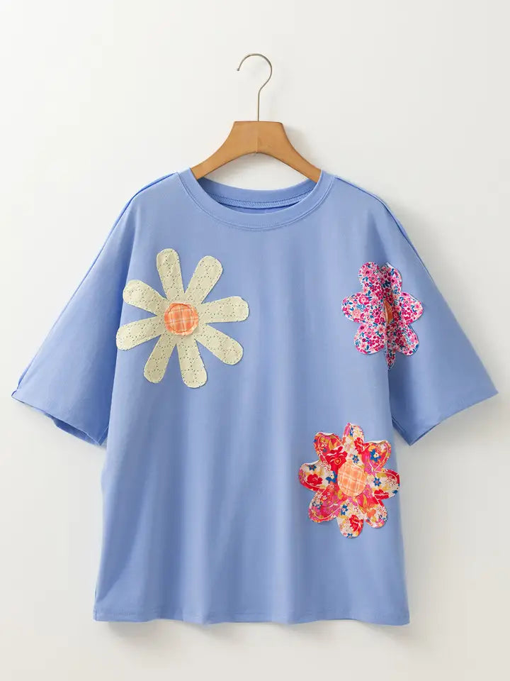 Apricot Flower Patched Exposed Stitching Trim Crew Neck Loose Tee