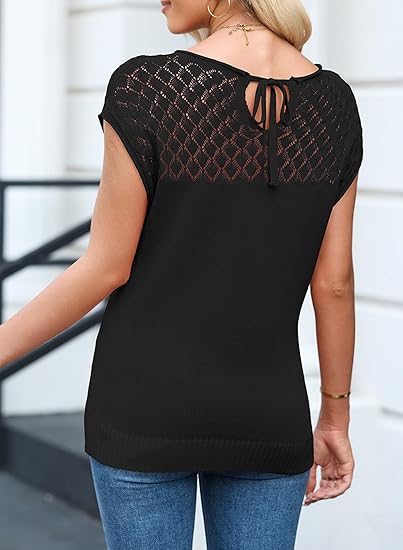 Women's Short Sleeve Sweater Casual Crewneck Crochet Knit T Shirt