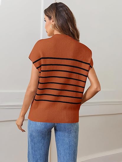 Striped Sweater Vest Cap Sleeve Ribbed Knit Pullover Tank Tops