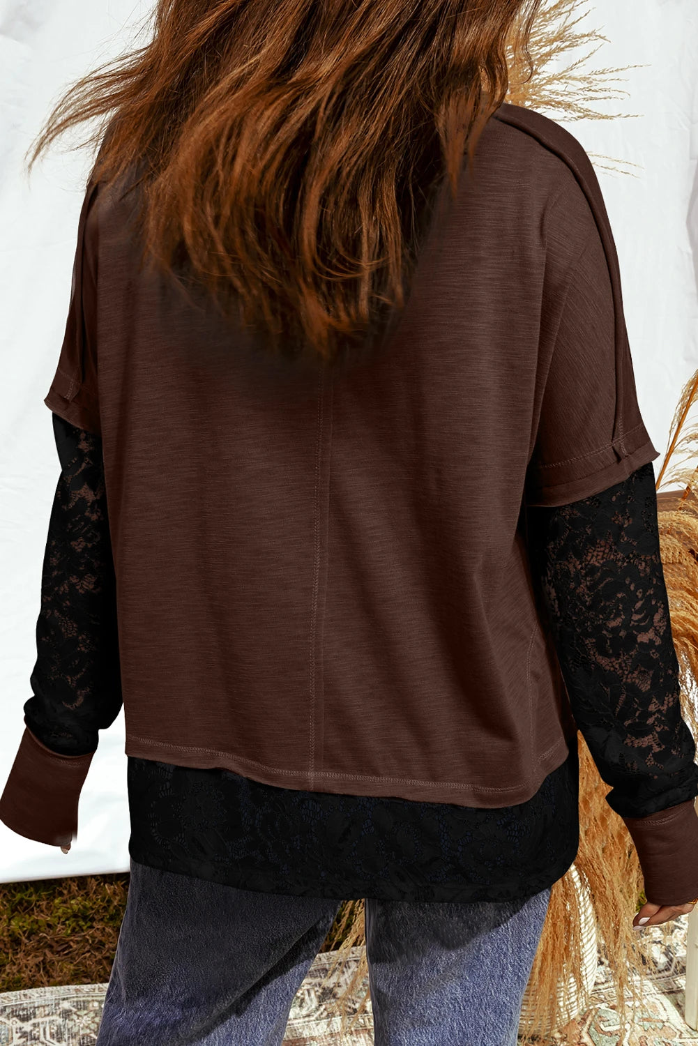 Dark Brown Rhinestone Spooky Graphic Lace Patchwork Long Sleeve T Shirt