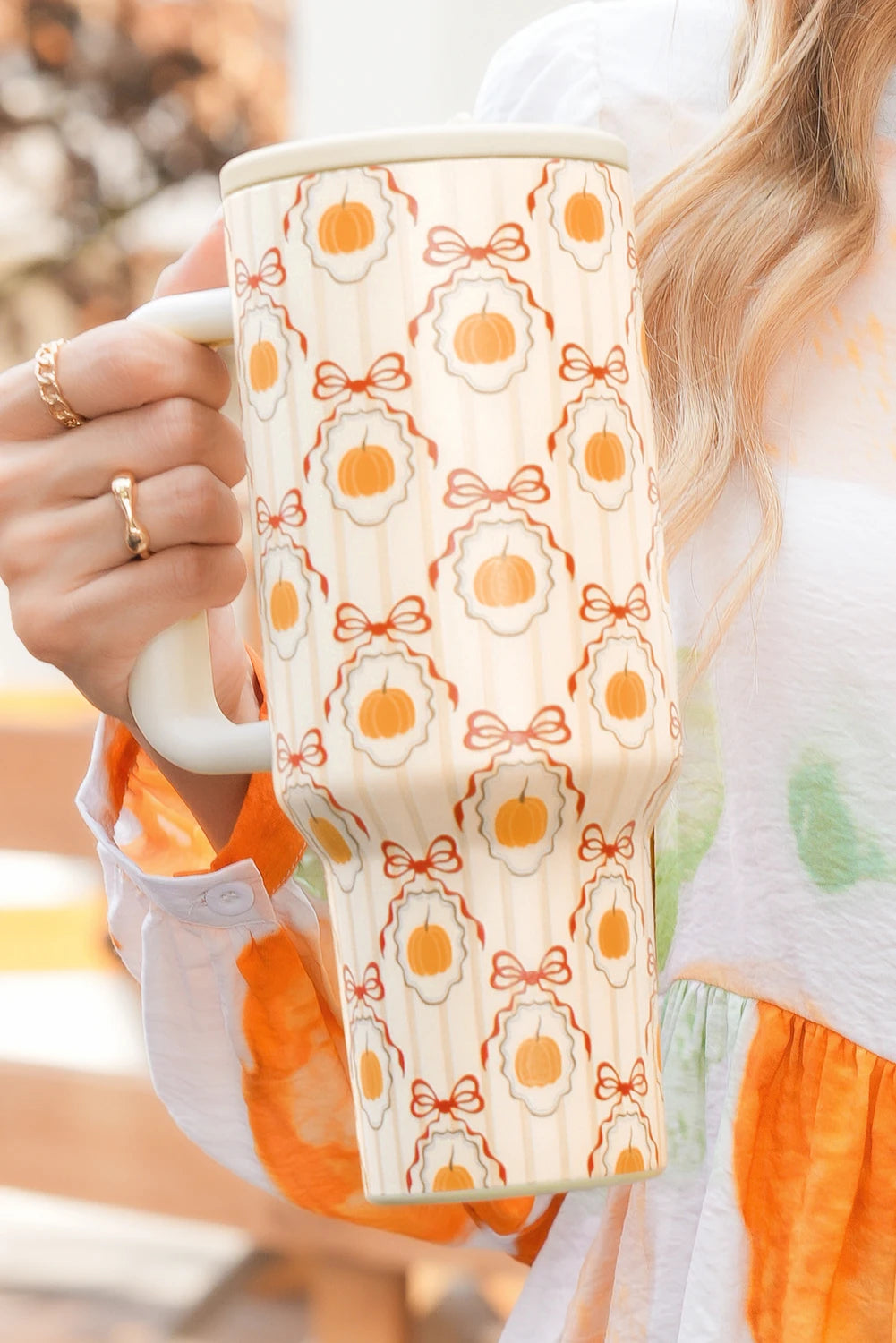 Jurassic Gold Striped Lattice Bow Pumpkin Print Tumbler