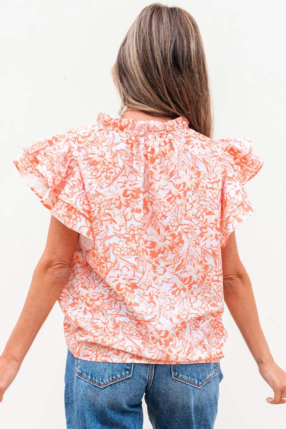 Orange Floral Ruffle Sleeve Split Neck Blouse