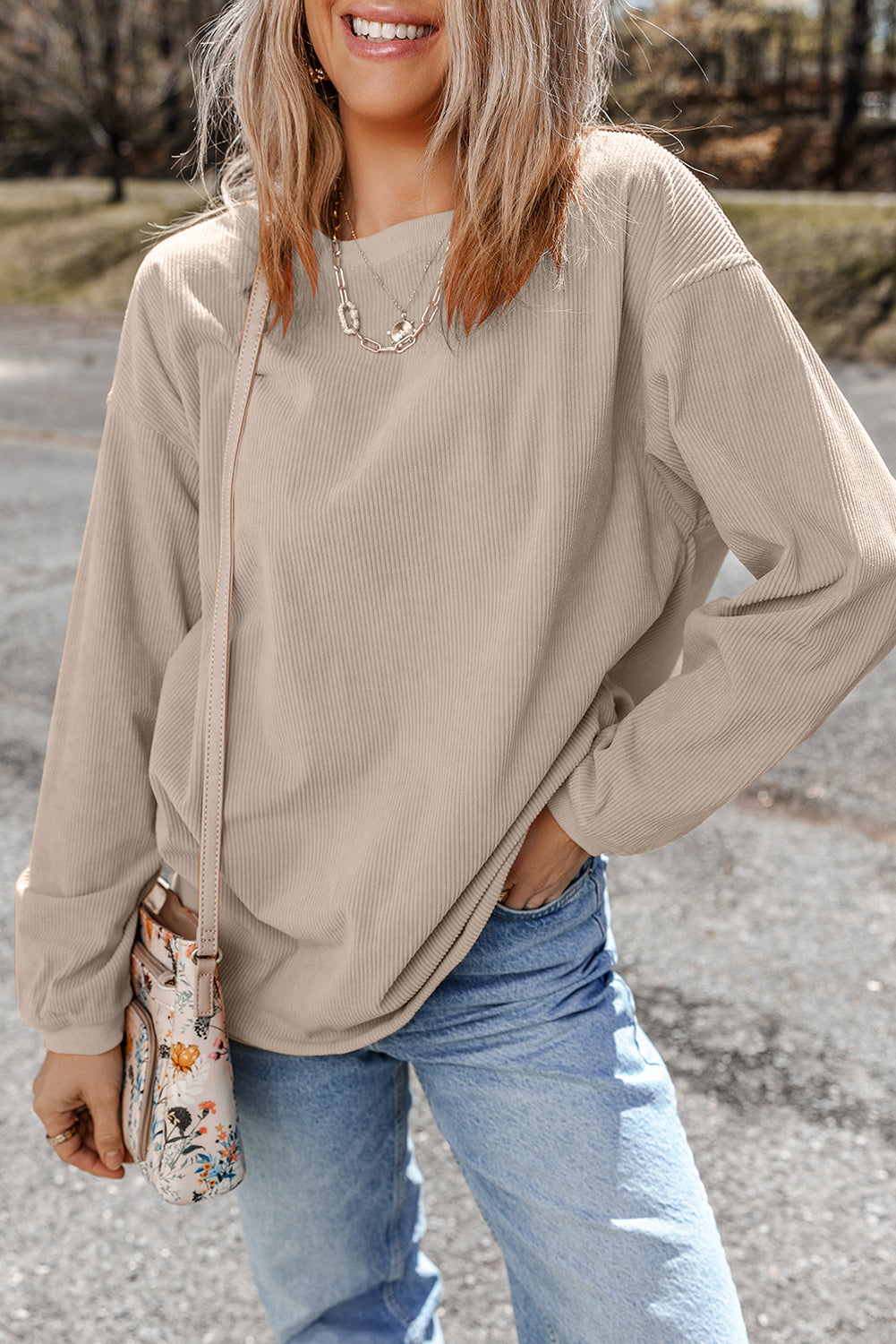 Apricot Ribbed Corded Oversized Sweatshirt