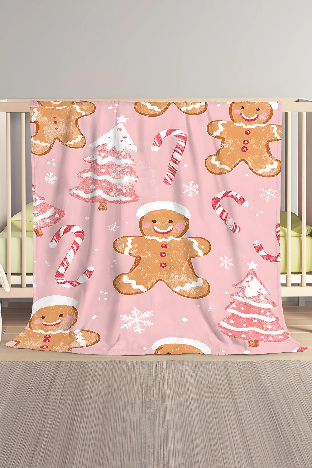 Pink Gingerbread Man Candy Cane Christmas Tree Print Plush Blanket