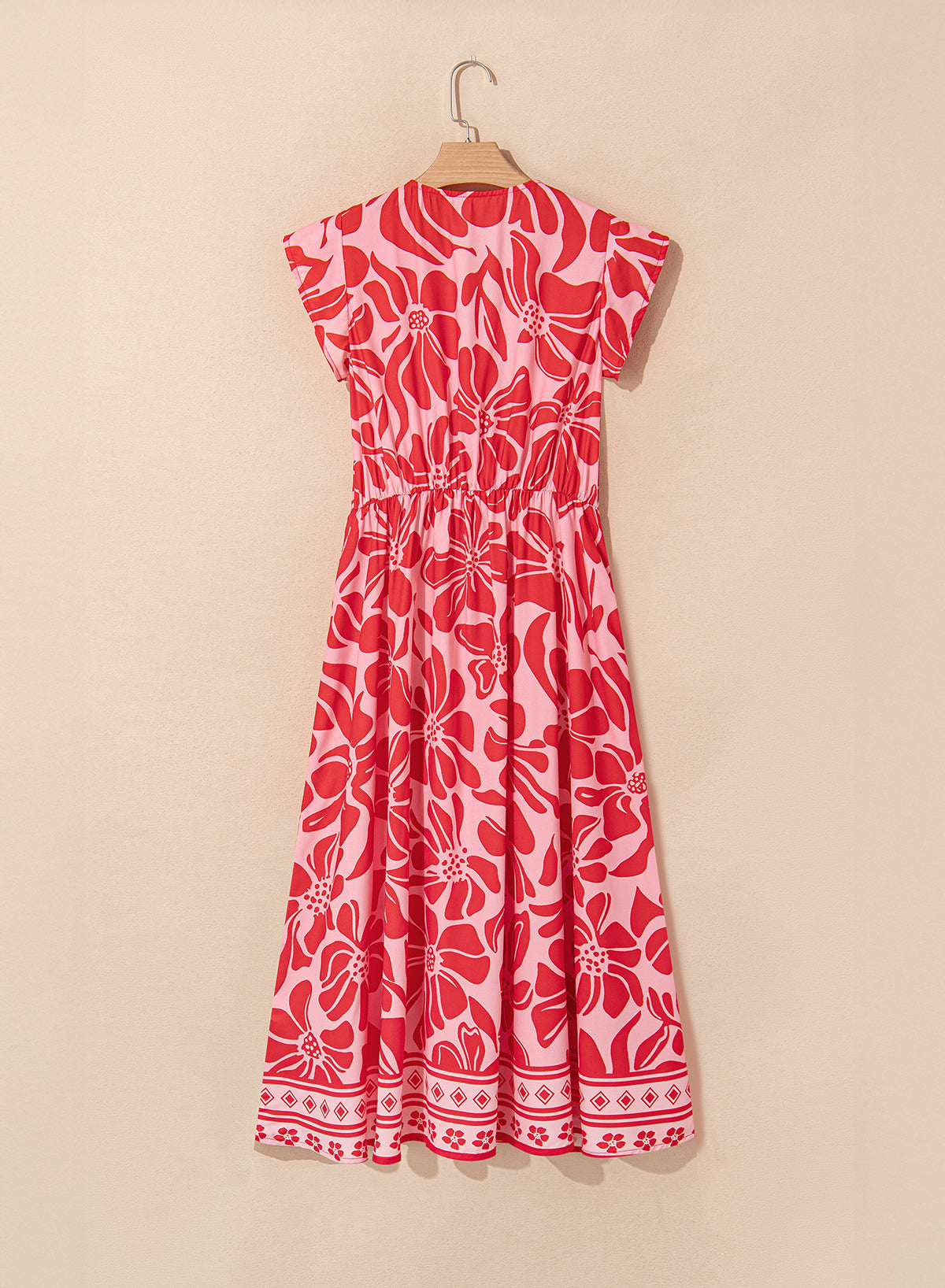 Red Boho Floral Short Sleeve V Neck Buttoned Shirred Waist Long Dress