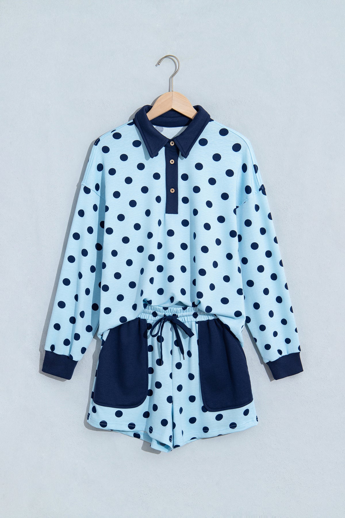 Pink Polka Dot Drop Shoulder Polo Loose Pullover Patch Pocket Casual Shorts Set