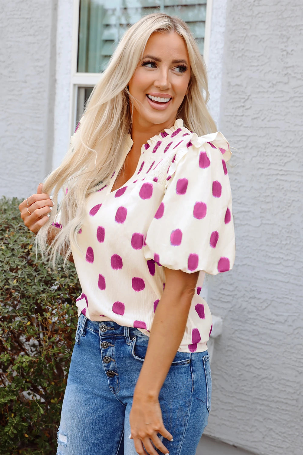 Polka Dot Print Shirred Yoke Notched Neck Balloon Sleeve Blouse