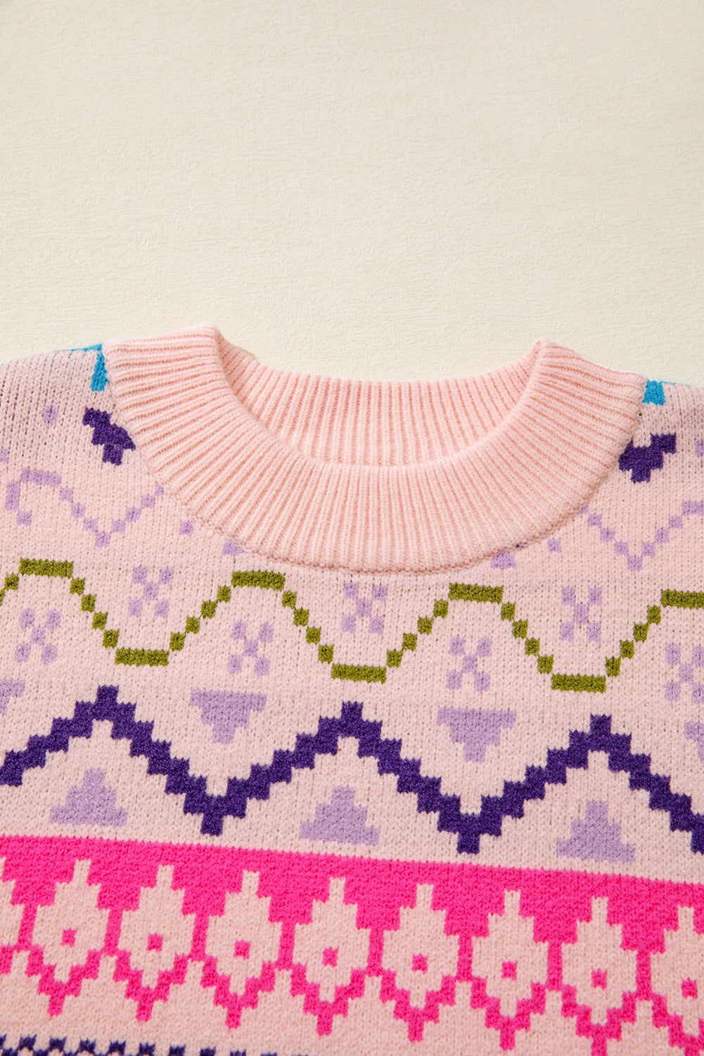 Multicolour Ethnic Christmas Pattern Knit Feather Cuffed Sweater