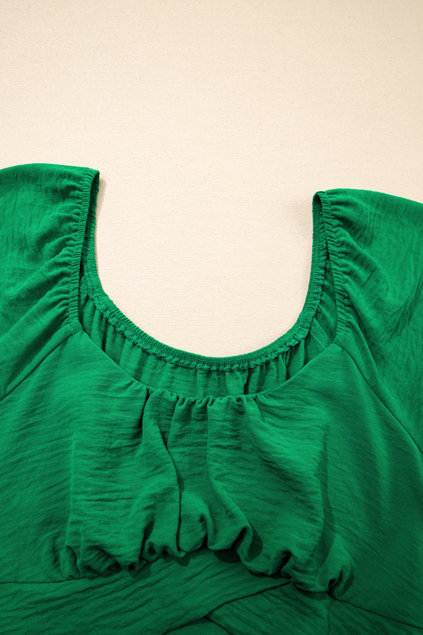 Dark Green Solid Color Ruched Crossed Waist Tied Back Short Sleeve Peplum Top