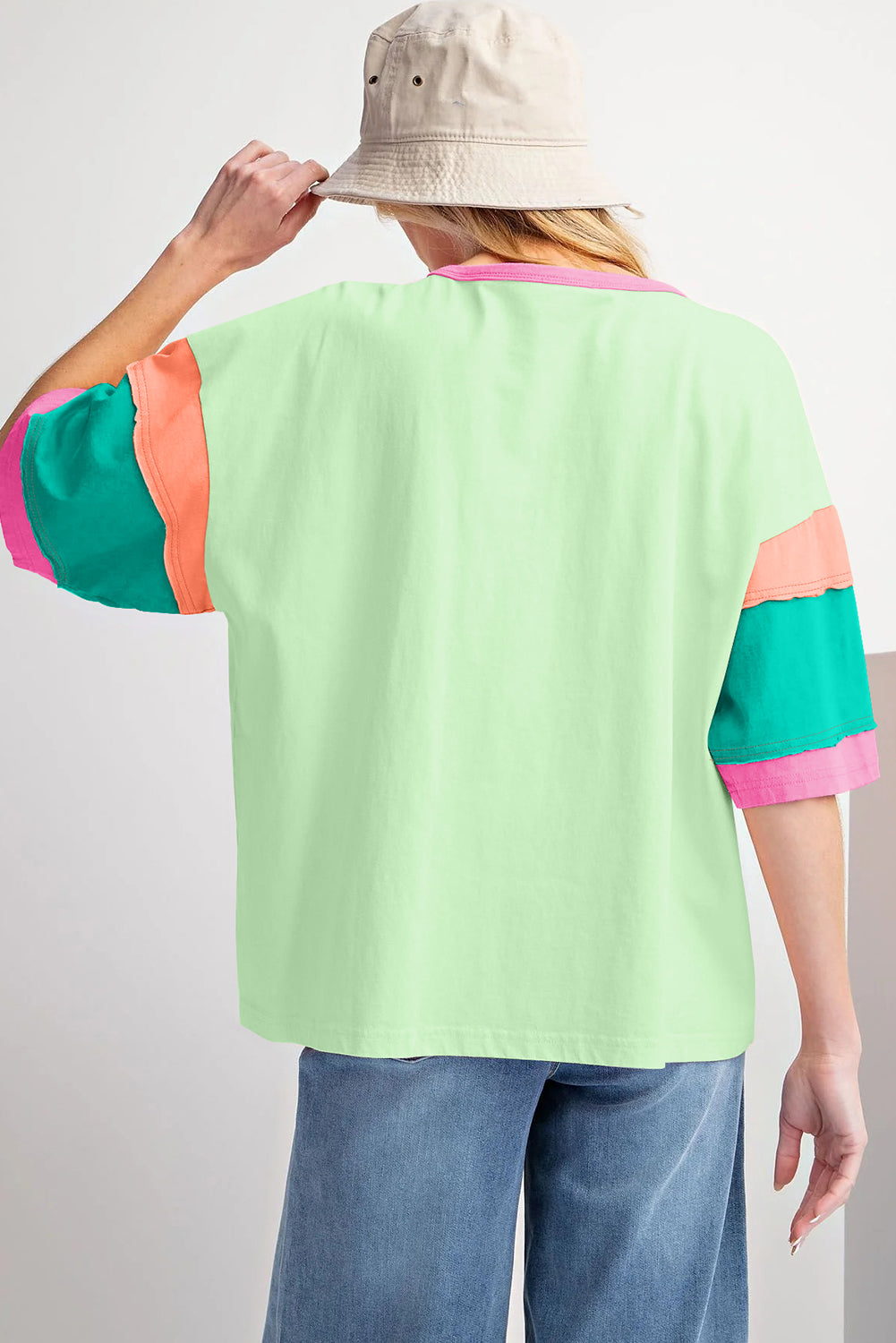 Pink Color Block Stitching Sleeve Round Neck Oversize Top