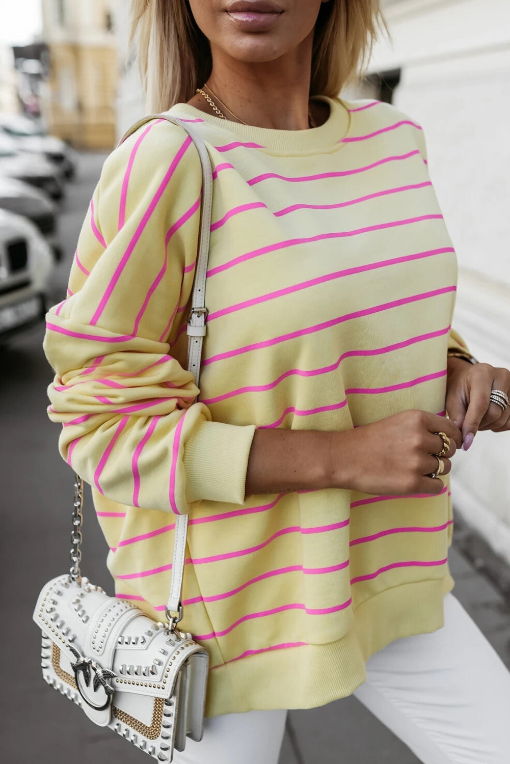 Blue Stripe Stylish Overlap Detail Drop Shoulder Pullover Sweatshirt